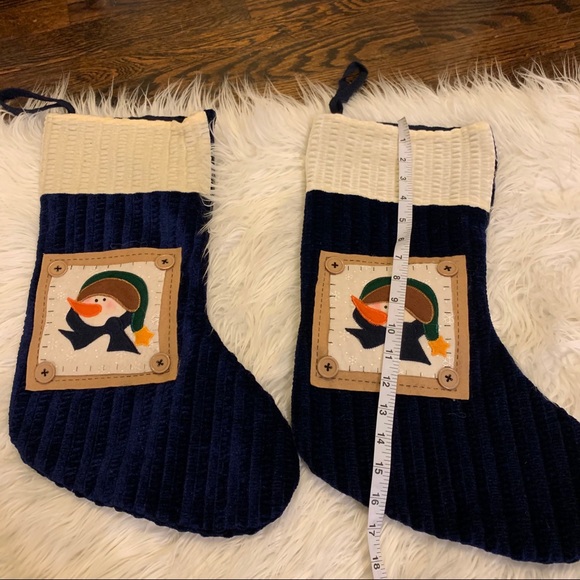 2 Beautiful Navy & Cream Primitive Snowman Stockings - Picture 8 of 12